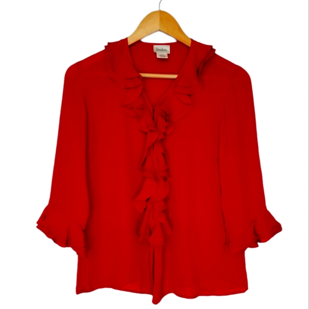 Neiman Marcus ruffle red long sleeves silk top 4